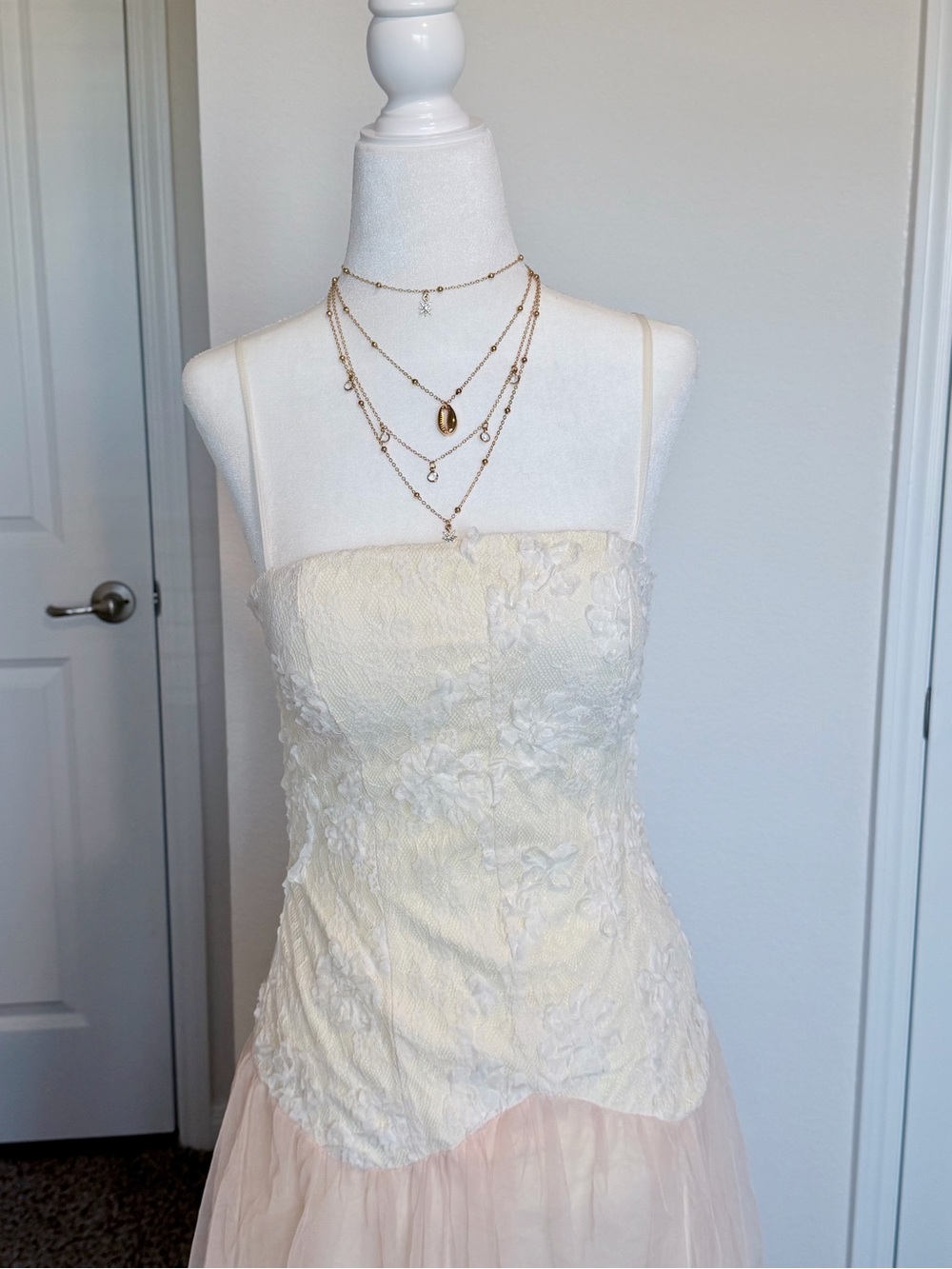 Strapless Two-Tone Lace & Tulle Maxi Dress in Cream and Blush - Picture 3 of 3
